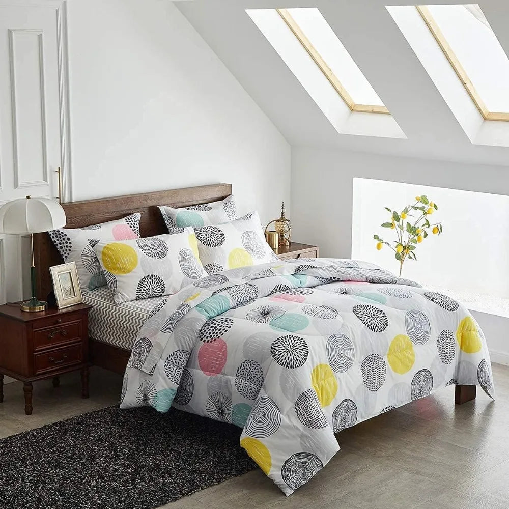Comforter Sheet Set Queen Size Bed in a Bag - Colorful Dots Style - Soft Microfiber, Spring Soft Duvet Cover Set
