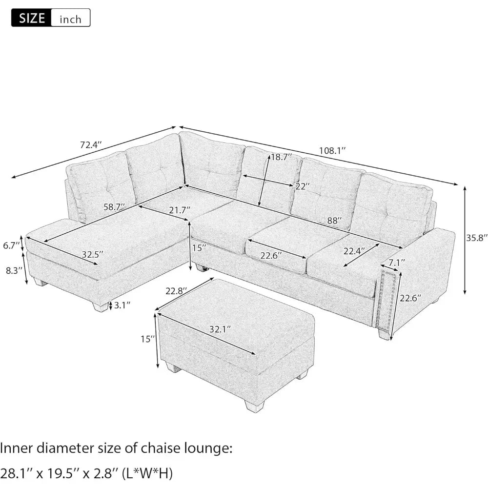 L Shape Modular Storage Ottoman & Chaise, Comfy Oversized Corner Sofa Cup