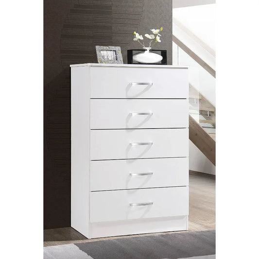 5 Drawer Wood Dresser for Bedroom, Chest of Drawers with Metal Rails for Support when Storing Clothing, White