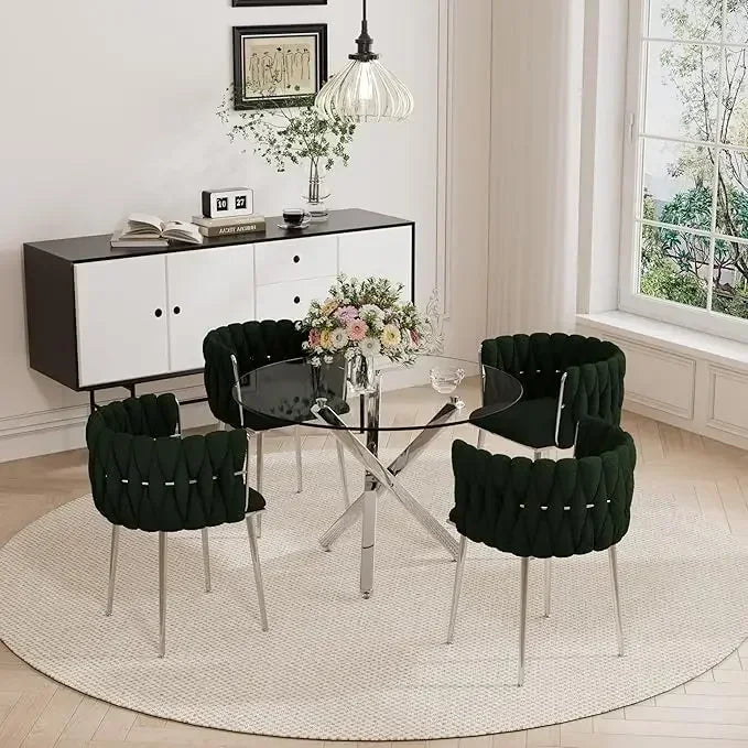 Dining Table Set for 4 with Grey Woven Dining Chair, 5 Pieces Minimalist Modern Round Glass Dinner Room Table Set