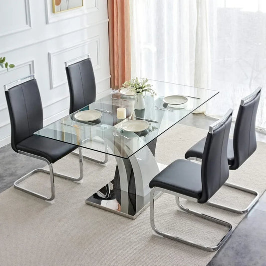 Dining Table and Chairs, 63 Inch, Modern Dining Table with 4 Leather Chairs,