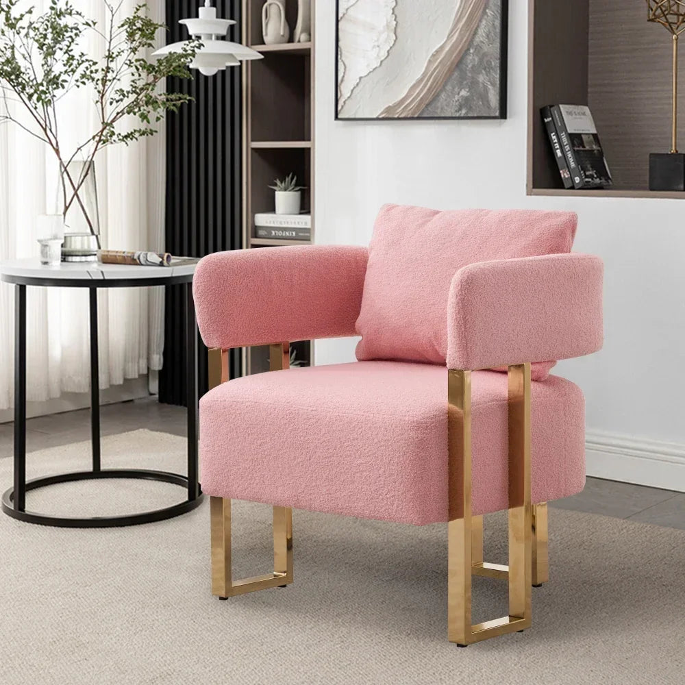 Teddy Velvet Side Sofa with Gold Legs,Tufted Plush Upholstered Reading Armchair with Lumbar Pillow for Living Room Dining Room