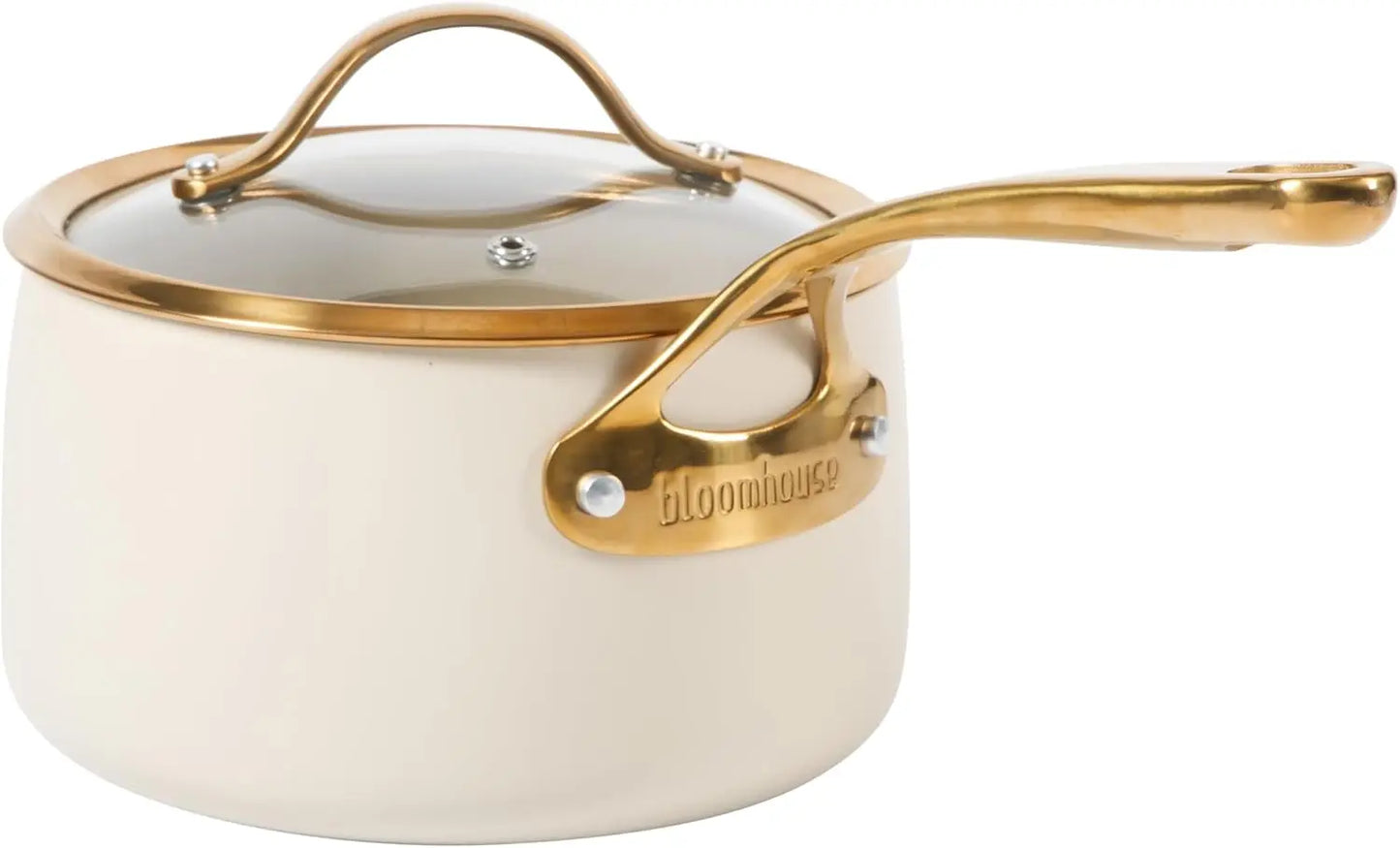 8 Piece Pots and Pans Heavy Duty Aluminum Premium PFA Free Ceramic Nonstick Dutch Oven Pot w/Lid - Almond Cream w/Gold Handle