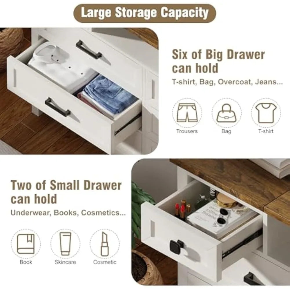 Dresser with Mirror for Bedroom, 8 Drawer Dresser with Charging Station, Farmhouse Chest of Drawers for Bedroom, Hallway