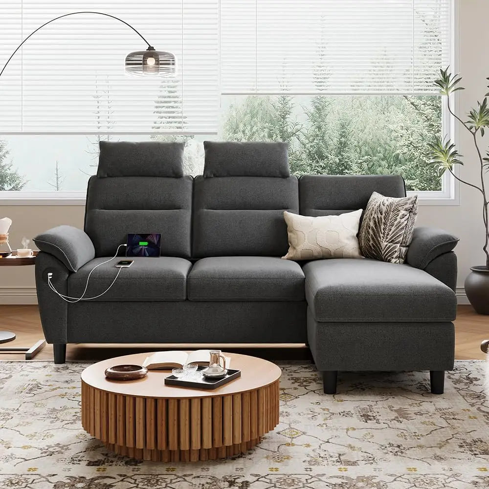 Sofa, High Back Couch with Ottoman, 2 USB and Storage Bags, L Shaped Sofa with Extra Headrests, Small Sectional