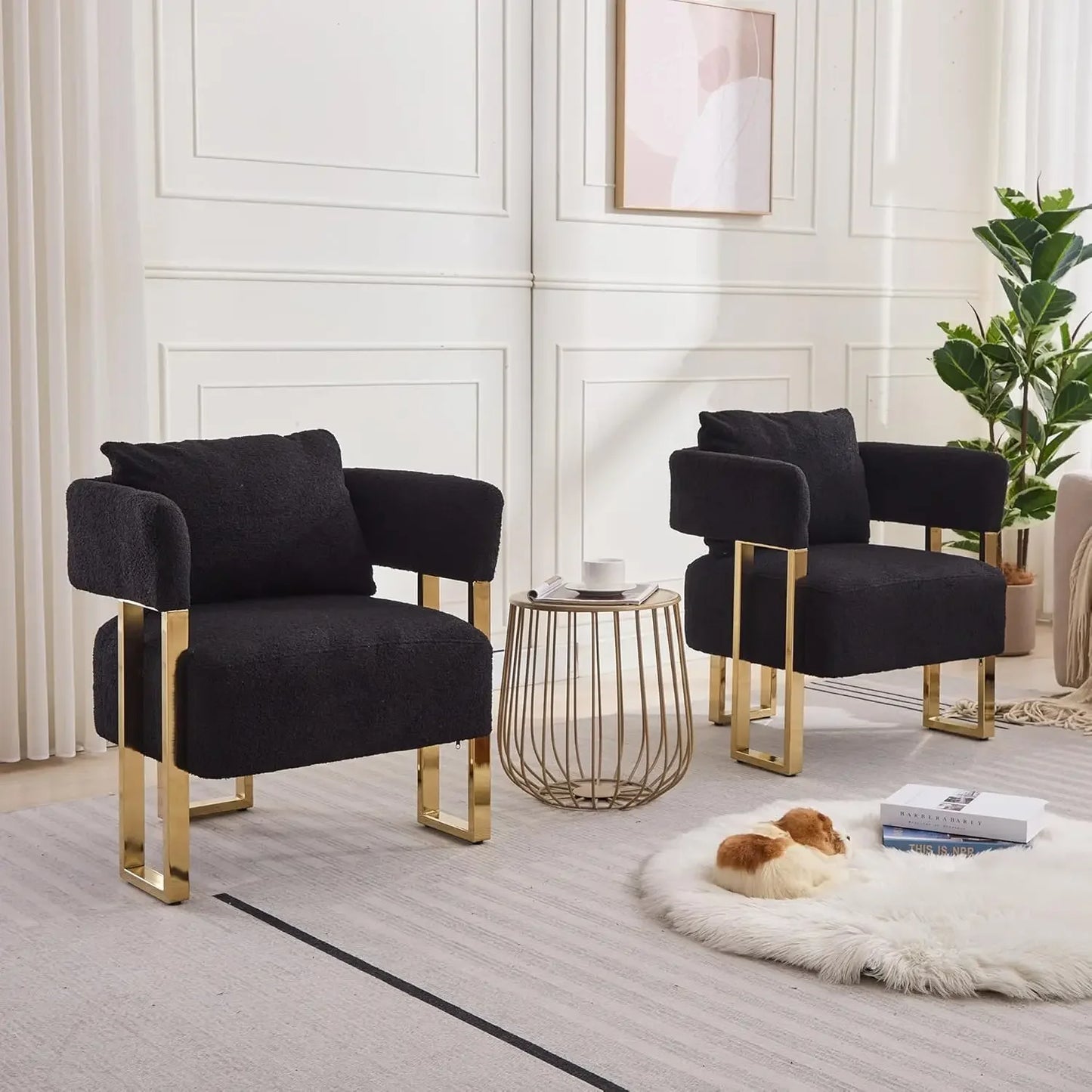 Teddy Velvet Side Sofa with Gold Legs,Tufted Plush Upholstered Reading Armchair with Lumbar Pillow for Living Room Dining Room