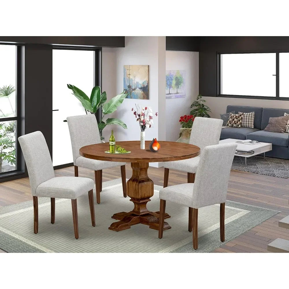 Dining Room 7 Piece Set Consist of A Round Dining Room Table with Pedestal and 6 Doeskin Linen Fabric Upholstered Parson Chairs