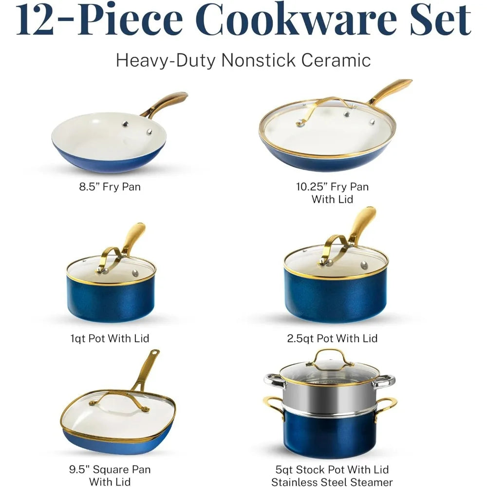 12 Pieces Ceramic Pots and Pans Set, Non Stick Kitchen Cookware