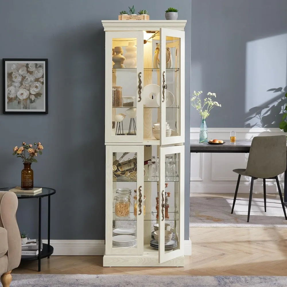 Lighted Glass Display Case, Wooden Wine Bar Cabinet with 6 Adjustable Shelves, Tempered Glass Doors,