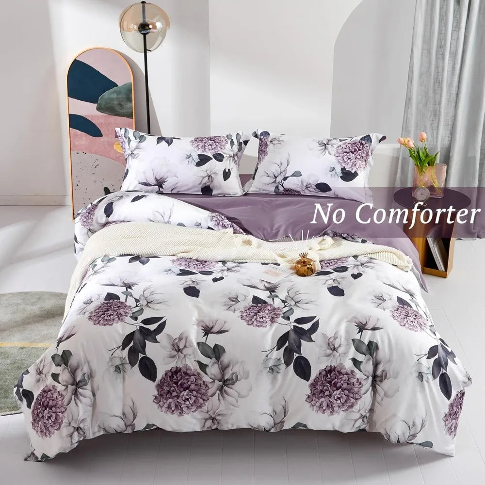 Long-Staple Cotton Duvet Cover Set Purple Hydrangea Lotus Flower Pattern Printed Comforter Cover 3pcs, Ultra Soft