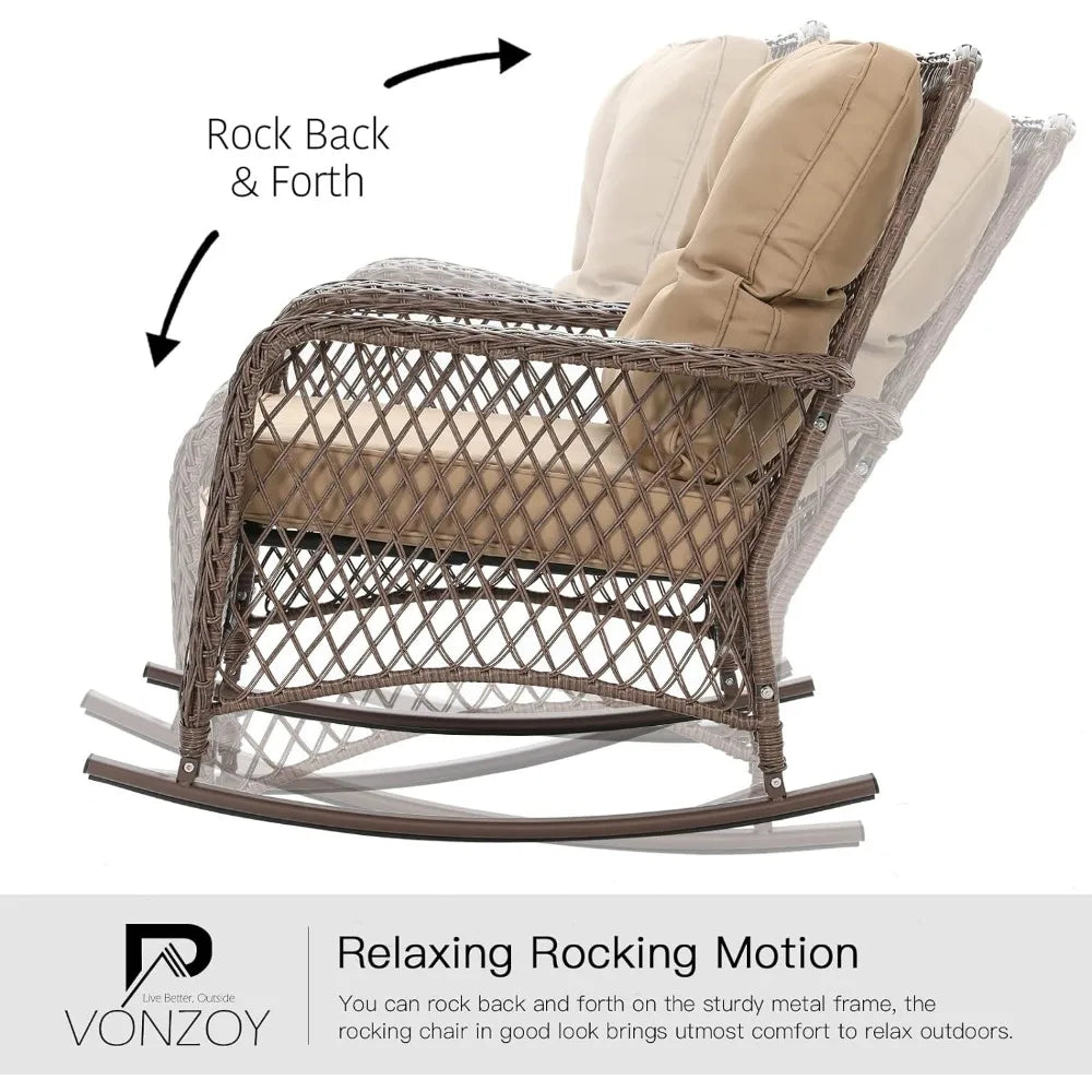 Wicker Rocking Bistro Set with Thick Cushions, Outdoor Rocker Chairs and Coffee Table