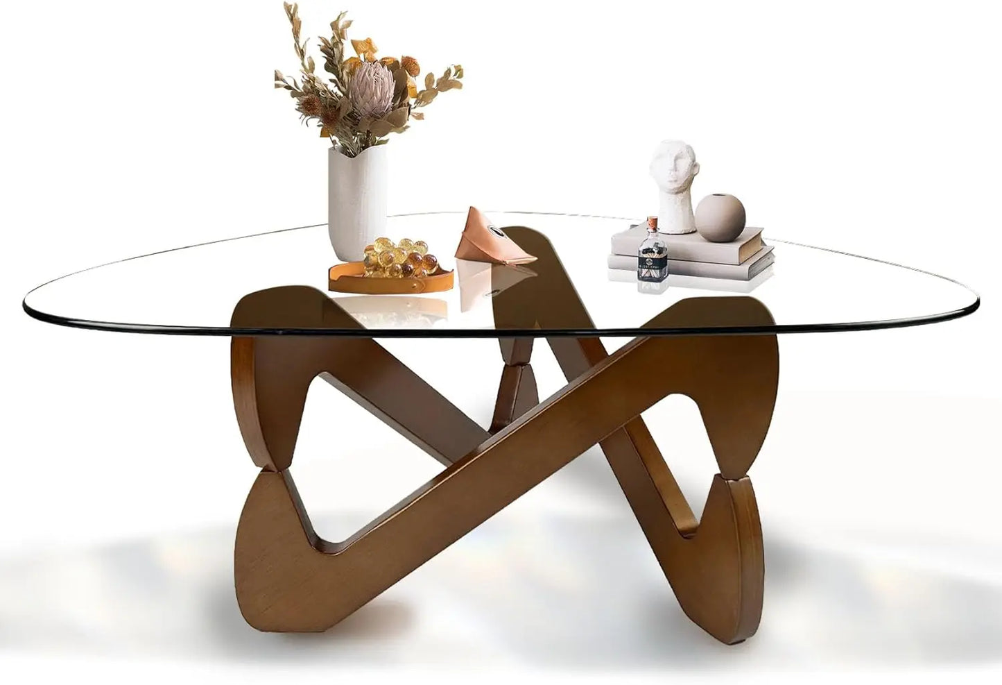 Triangle Coffee Table Glass Coffee Table for Living Room Mid Century Modern Coffee Table with Walnut Base Minimalist Living Room