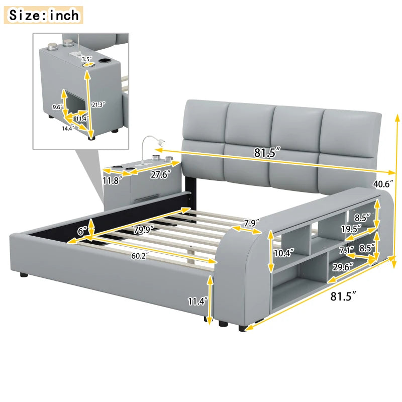 Queen Size Upholstered Platform Bed with Multimedia Nightstand and Storage Shelves,No Box Spring Required, Gray/White