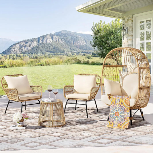 Furniture Outdoor Bistro Chair Set with Large Egg Chair and Round Tempered Glass Table, Great