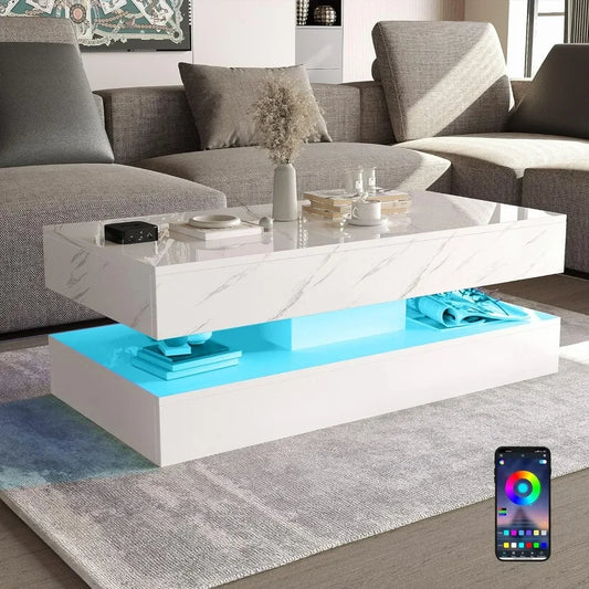 LED Coffee Table with 2 Storage Drawers, High Gloss White Coffee Tables