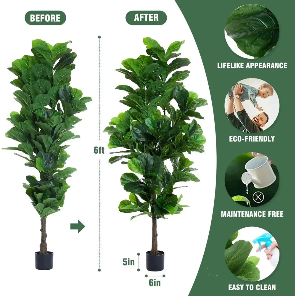 2 Pack,Fiddle Leaf Fig Tree 6ft Tall Artificial Tree in Pot Fake Ficus Plants with 184 Decorative Fiddle Leaves Faux Fig Trees