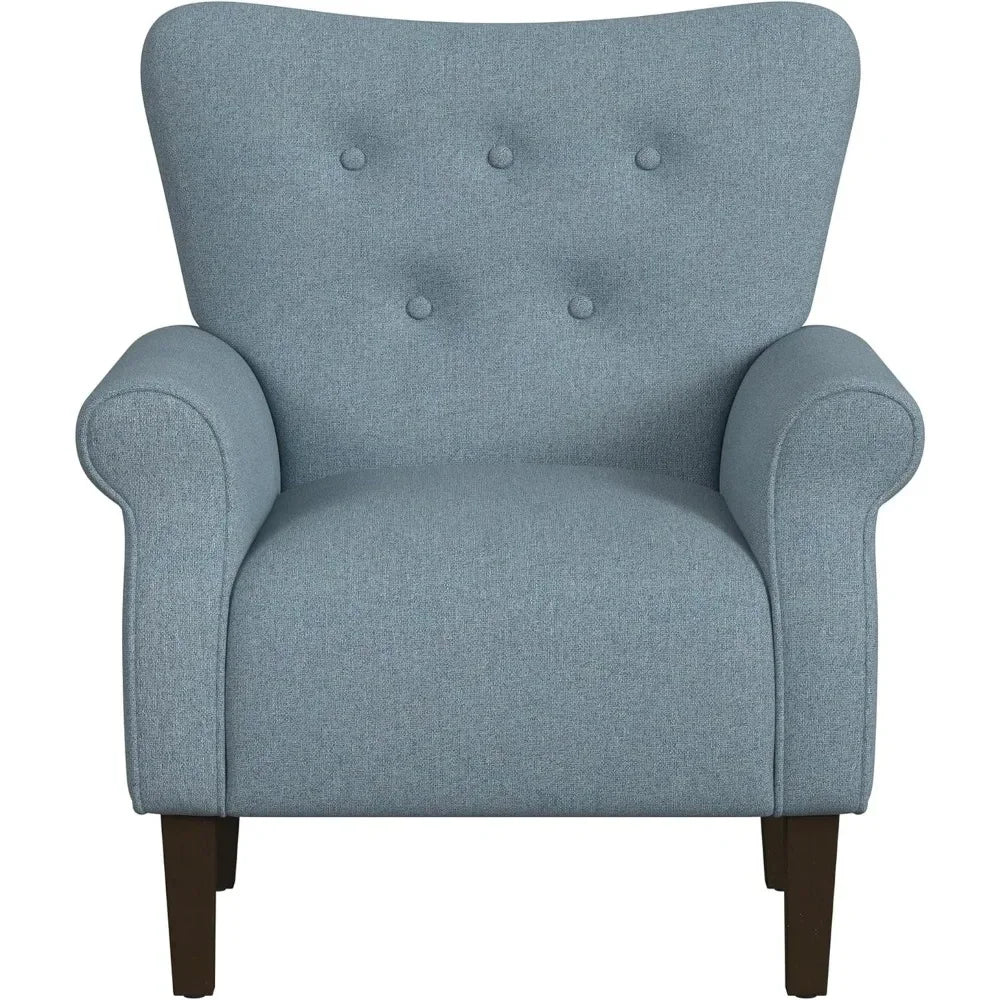 chair, home decoration with soft cushioned curly arm wing back living room chair, blue