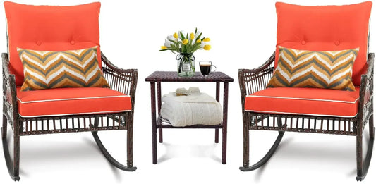 Furniture Set, Outdoor Rocking Chairs Set of 2, Patio Conversation Set with 2 Wicker Chairs with Coffee Table and