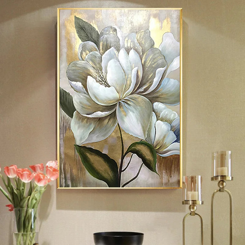 Abstract White Golden Flower Oil Canvas Painting Nordic Posters and Prints Wall Art Pictures for Living Room Home Decor No Frame