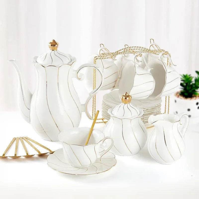 White Porcelain Tea Set for 6, Luxury British Style Tea/Coffee Cup Set with Golden Trim, Beautiful Tea Set for Women,