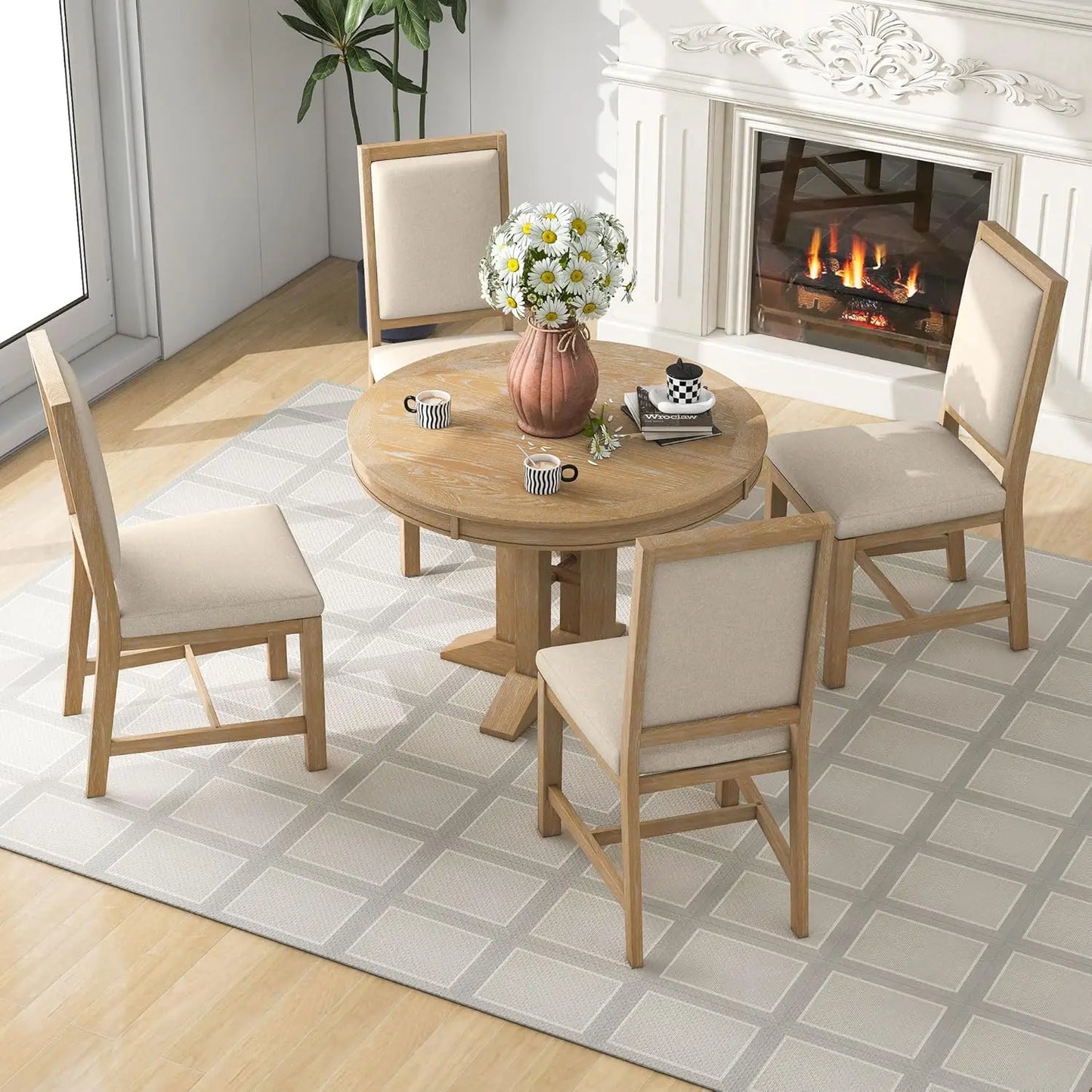 Table and 4 Upholstered Chairs for Kitchen, Living Room, Natural Wood