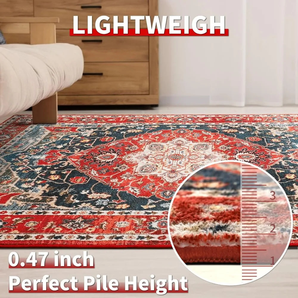 Vintage Washable Area Rug - 4x6 Soft Low-Pile Floor Carpet for Living Bedroom Rug,