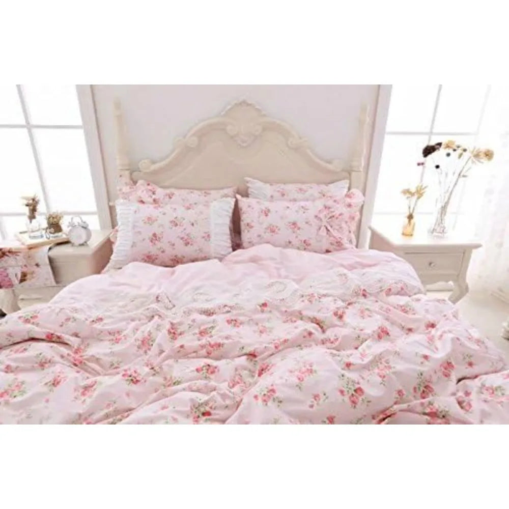 LELVA Romantic Roses Print Duvet Cover Set with Bed Skirt Pink Lace Ruffle Floral