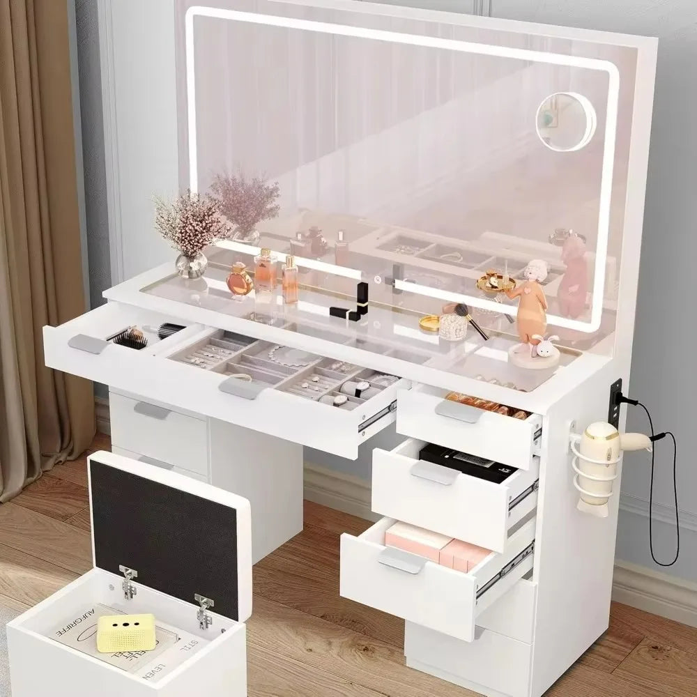 Makeup Vanity Desk Set ，with Mirror, Glass Tabletop, 11 Drawers, Power Strip, Hair Dryer Rack, and Storage Stool for Bedroom