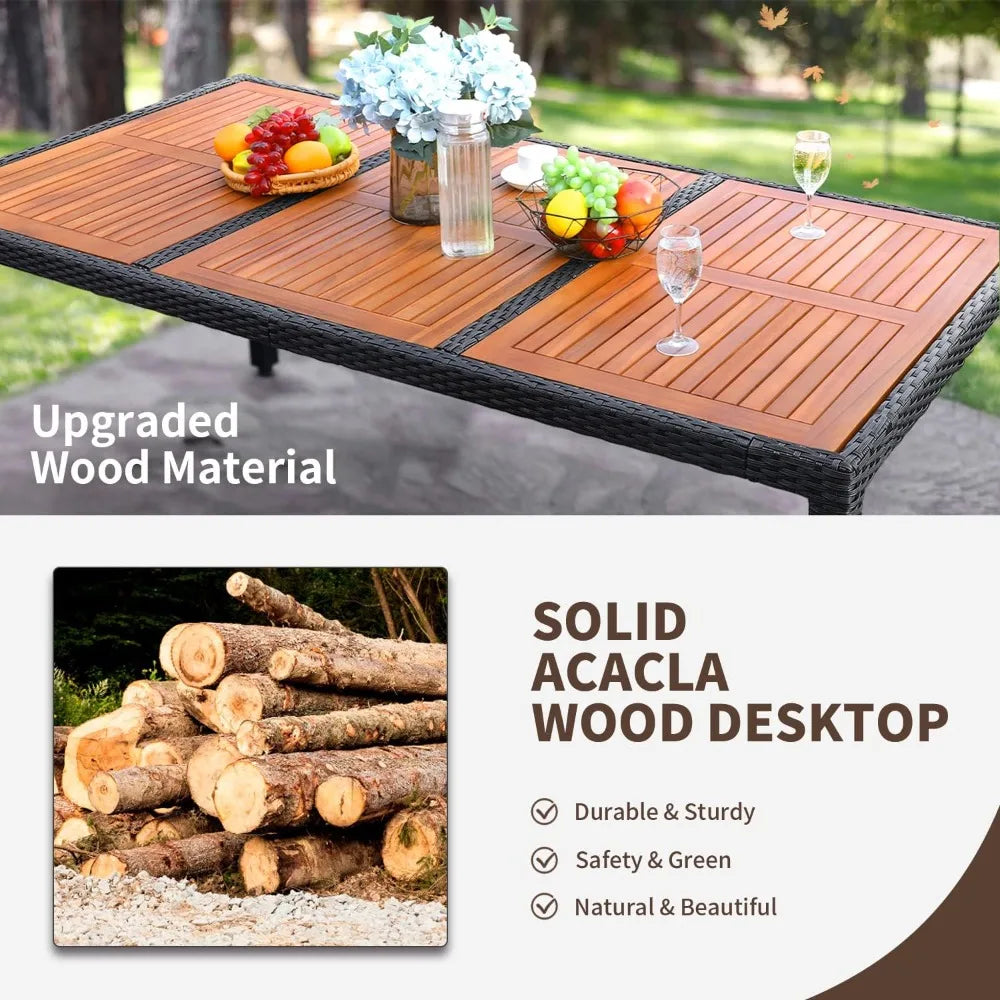 Dining Set Outdoor Acacia Wood Table and Chairs with Soft Cushions Wicker Patio Furniture for Deck Backyard Garden