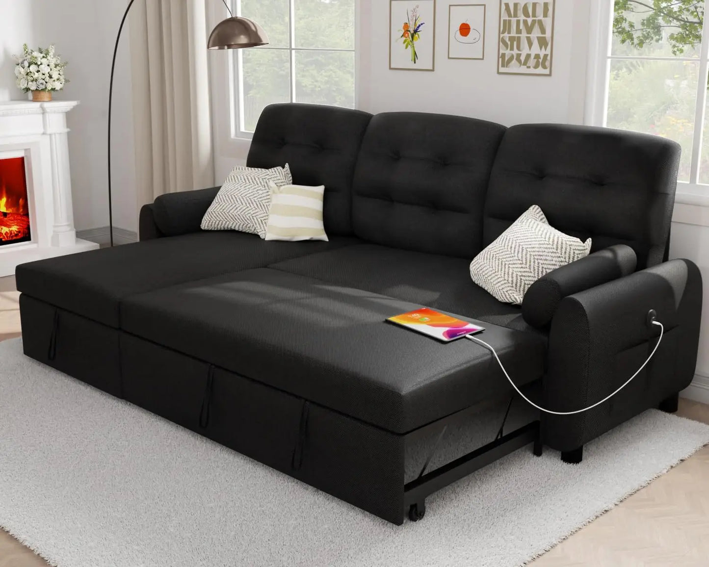 Sectional Sofa Couch, Sleeper Sofa Bed with Reversible Storage Chaise Pull Out Couch for Living Room  Side Pocket