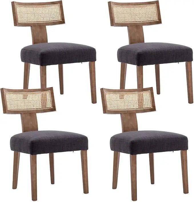 Mid Century Modern Rattan Dining Chairs Set of 4, Farmhouse Linen Upholstered Accent Chair Curved Backrest Kitchen Chairs, with