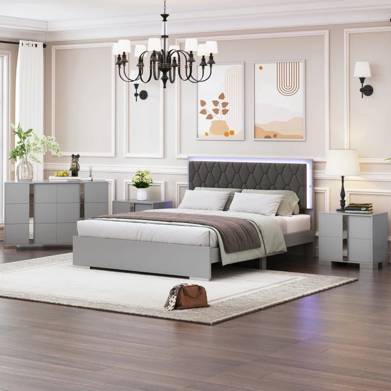 4-Pieces Bedroom Sets Queen Size Upholstered Bed with LED Lights, Mirrored Nightstands and Dresser with Metal Handles and Legs