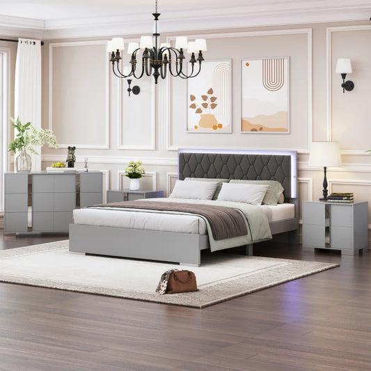 4-Pieces Bedroom Sets Queen Size Upholstered Bed with LED Lights, Mirrored Nightstands and Dresser with Metal Handles and Legs