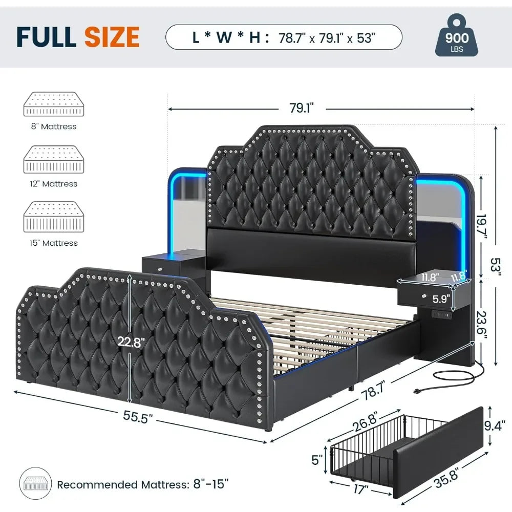 Tall Platform Bed Frame With 4 Storage Drawers Built in Charging Station & LED Bedroom Black