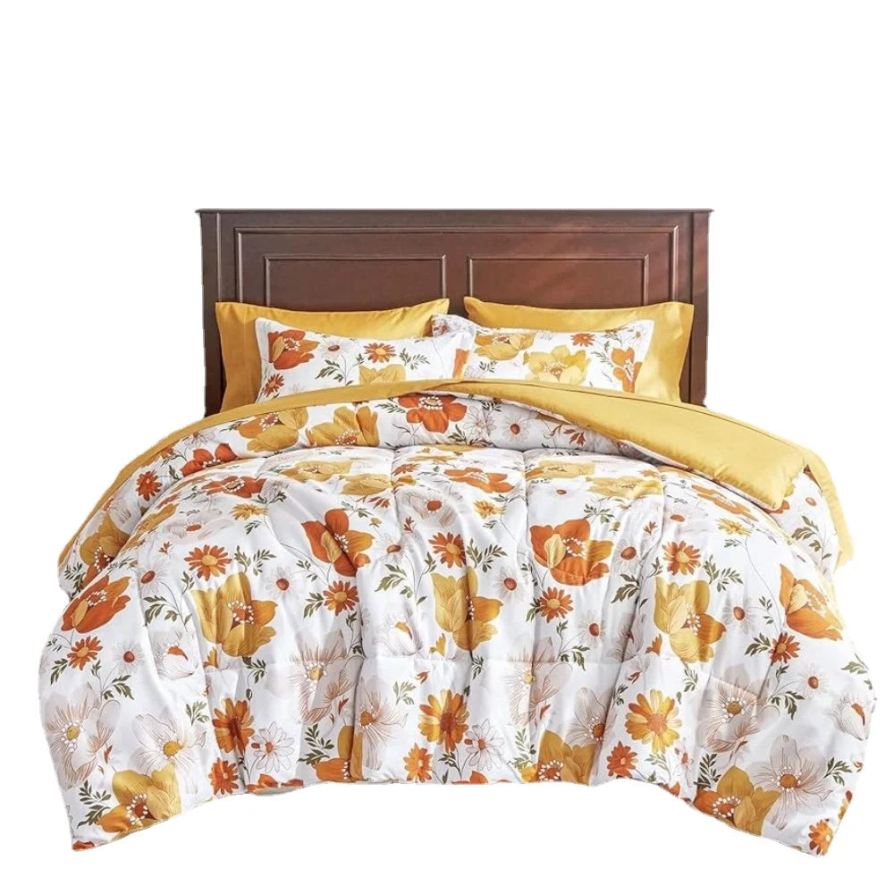 Orange Bed in A Bag 7 Pieces, Comforter Sheet Set, Microfiber Bedding Set, Queen