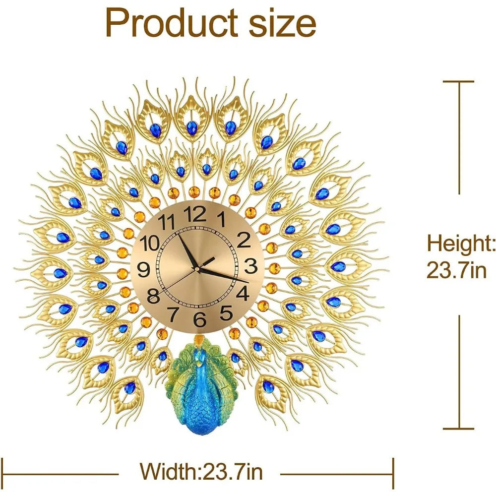 Large Peacock Wall Clock Non-Ticking Silent Crystal Creative Personality Modern Art Decorative Wall Clocks for Living Room Decor