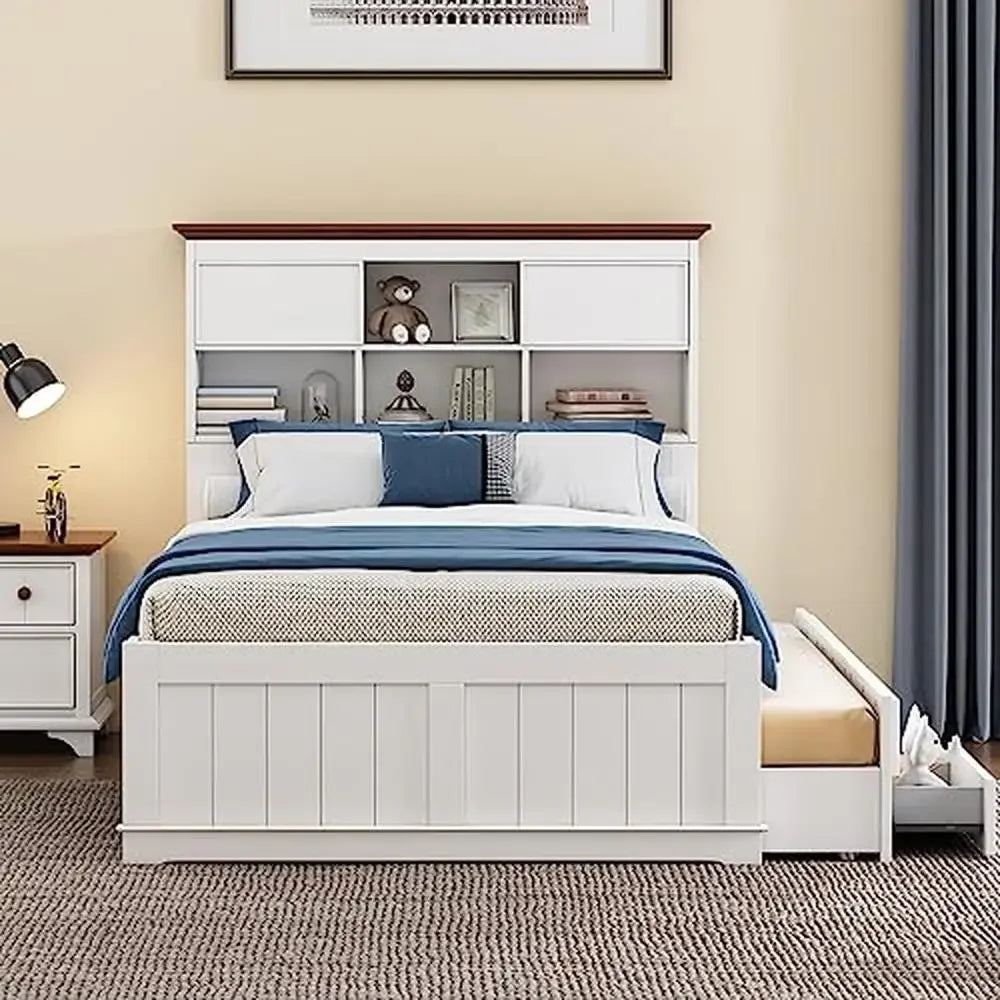 Modern Wood Bedroom Set Full Size Bed Trundle Nightstand Captain Farmhouse Style Rustic Durable Space Saving White 2 Pieces