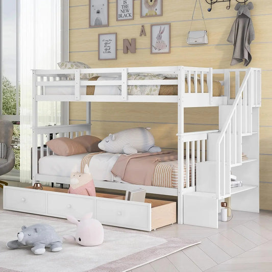 Designs Twin Over Twin Bunk Beds with Storage Drawers and Stairs Wood Bunk Bed Frame for Kids Boys Girls Teens,