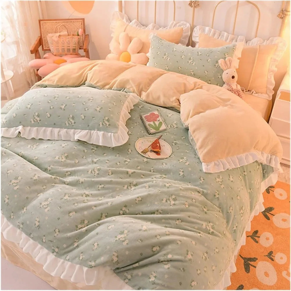 Bedding set, autumn and winter milk fiber four piece set, coral fleece lining, thick double-sided bed sheets