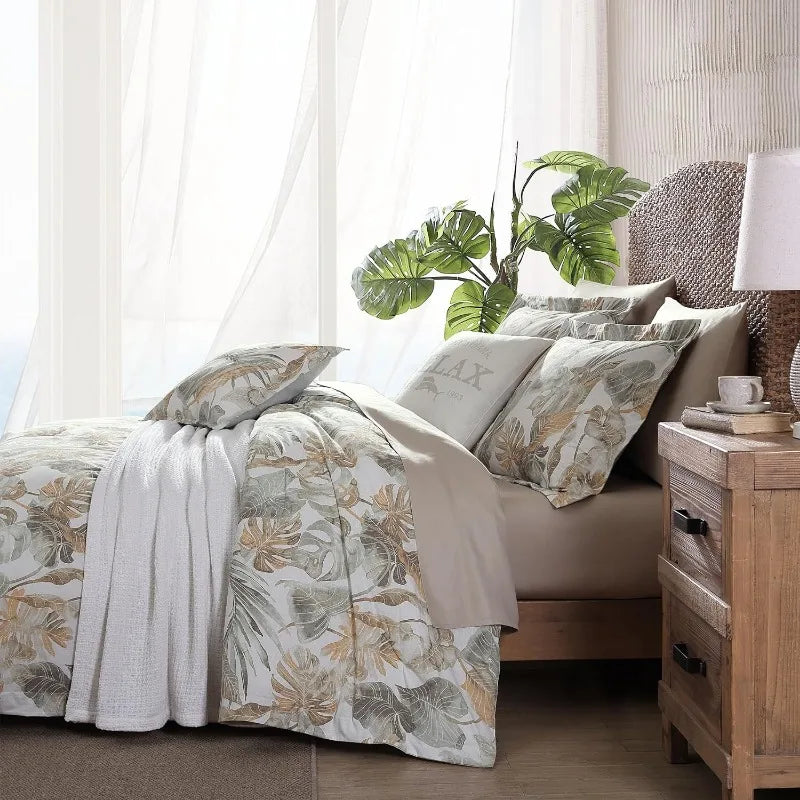 Duvet Cover Set, Soft Cotton Bedding with Matching , Tropical Home Decor with Solid Reverse