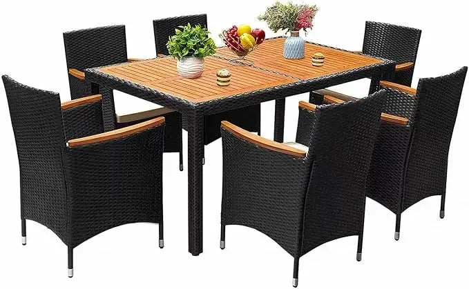 Patio Dining Set Outdoor Acacia Wood Table and Chairs with Soft Cushions Wicker Patio Furniture for Deck