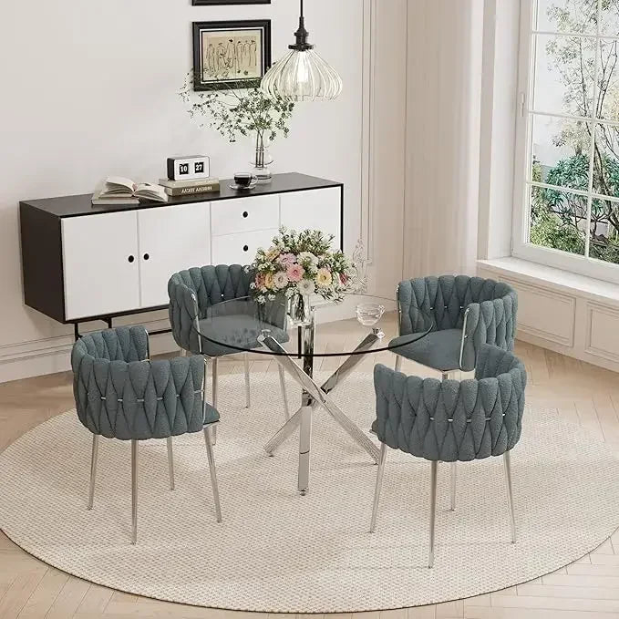 Dining Table Set for 4 with Grey Woven Dining Chair, 5 Pieces Minimalist Modern Round Glass Dinner Room Table Set