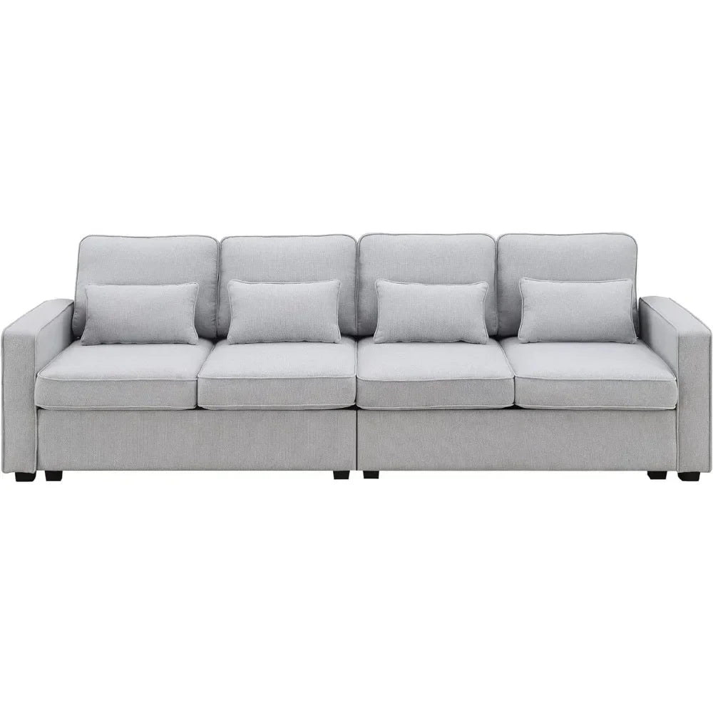 Sofa with Armrest Pockets and 4 Pillows, Minimalist Style 4-Seater Couch for Living Room, Apartment, Gray