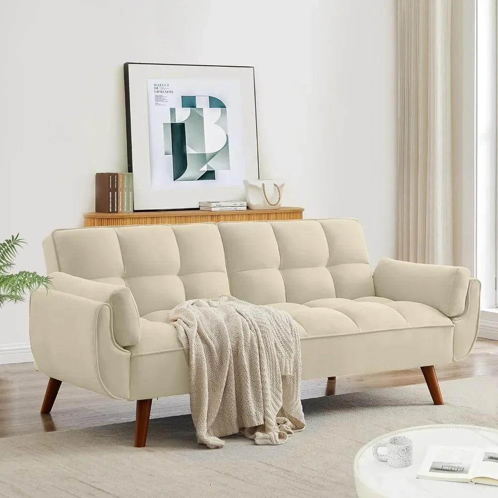 Tufted Sofa Convertible Futon Sofa Bed with Adjustable Backrests and Solid Wood Legs for Living Room, Bedroom