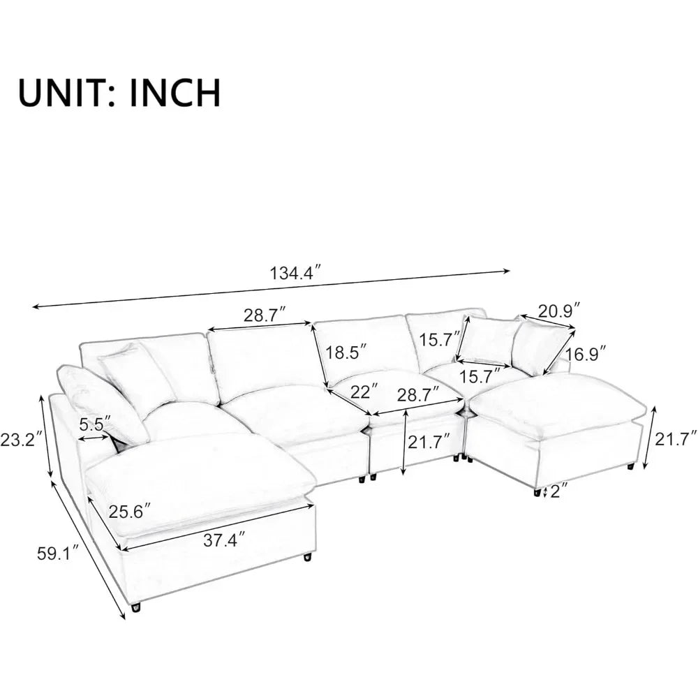 U Shaped Couch with Movable Ottoman, Large 6 Seater Corner Sofa for Living Room