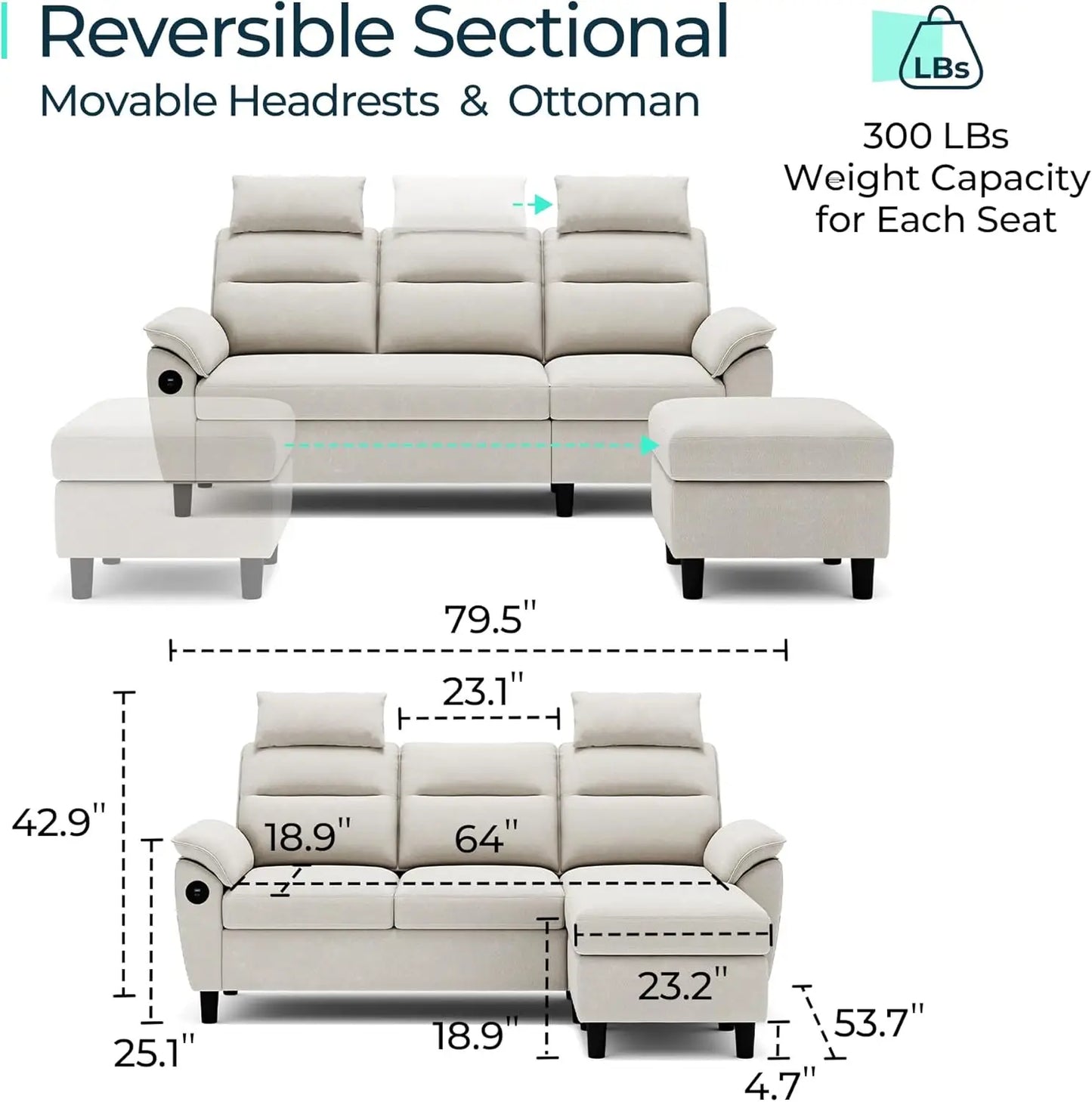 Sofa, High Back Couch with Ottoman, 2 USB and Storage Bags, L Shaped Sofa with Extra Headrests, Small Sectional