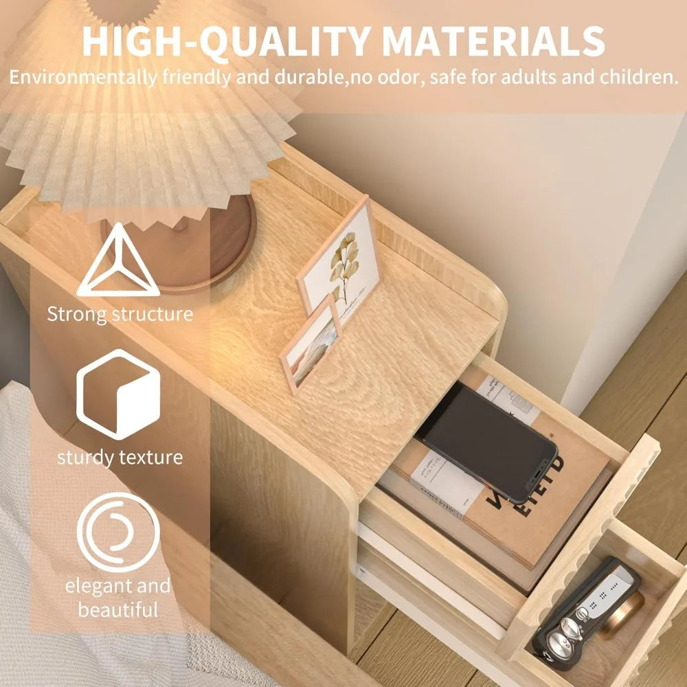 Small Fluted Nightstand Set of 2, Wood 2 Drawer , Slim Side Table, Natural Wood Night Stand with