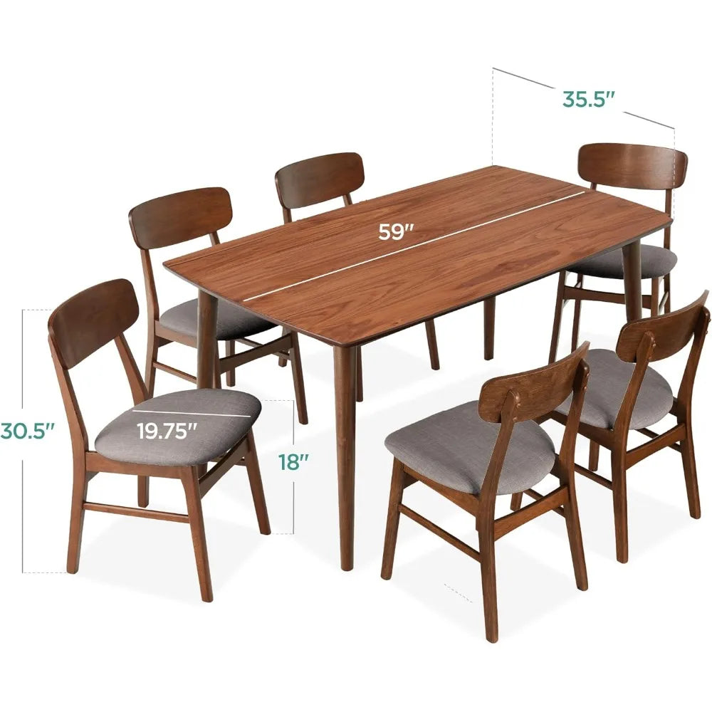 7-Piece Wooden Dinings Set, Mid-Century Modern Table & Upholstered Chair