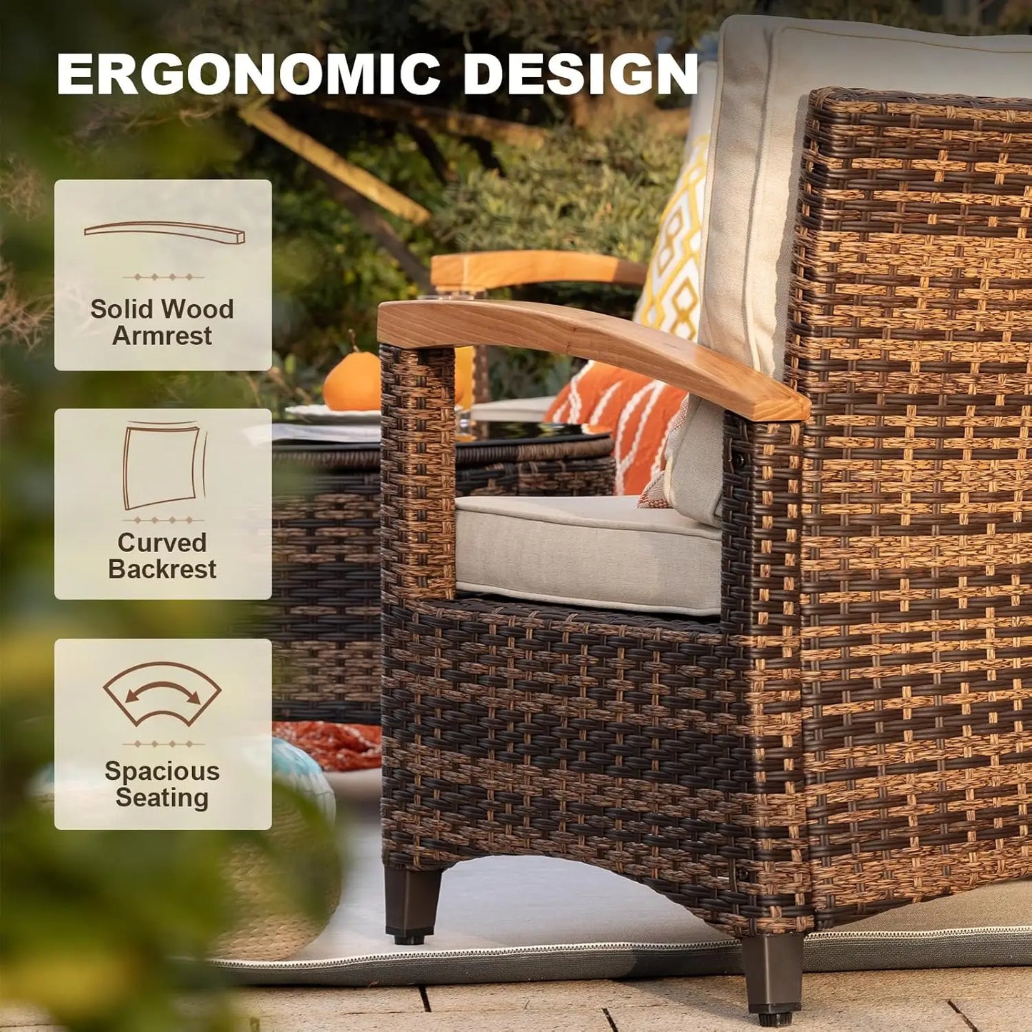 Outdoor Patio Furniture Set, Half-Moon Curved Sectional Sofa Rattan Conversation Set With Wood Armrests, Coffee