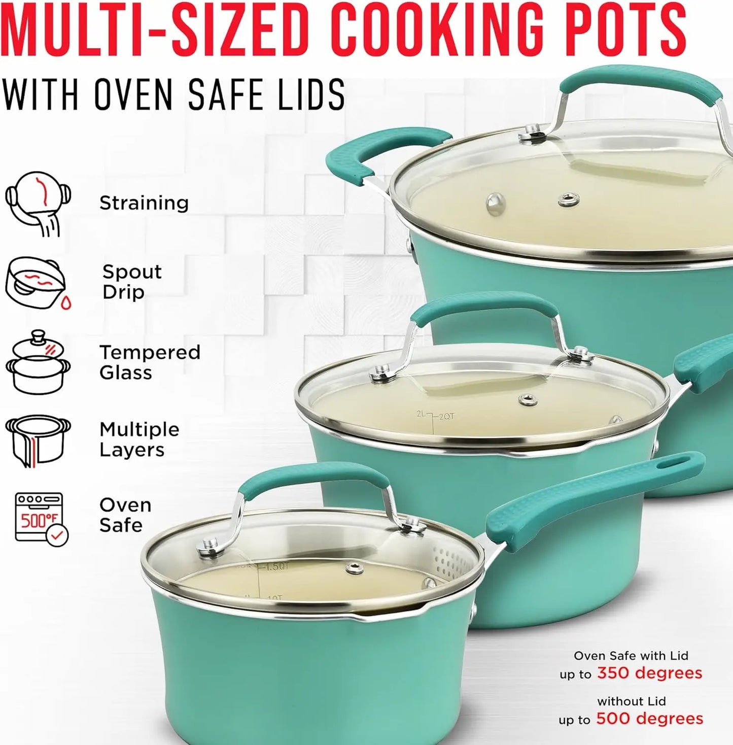 Cooking Pots with Lids, Skillet Fry Pans and Bakeware – Reinforced Pressed Aluminum Metal